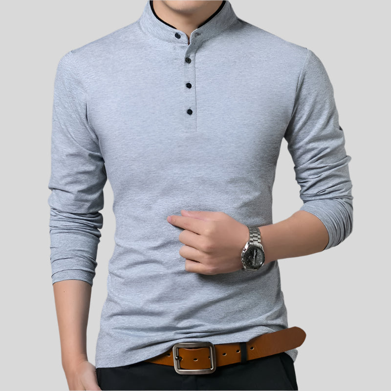 Long Sleeve V-Neck T-Shirt - Casual Mandarin Collar Tee