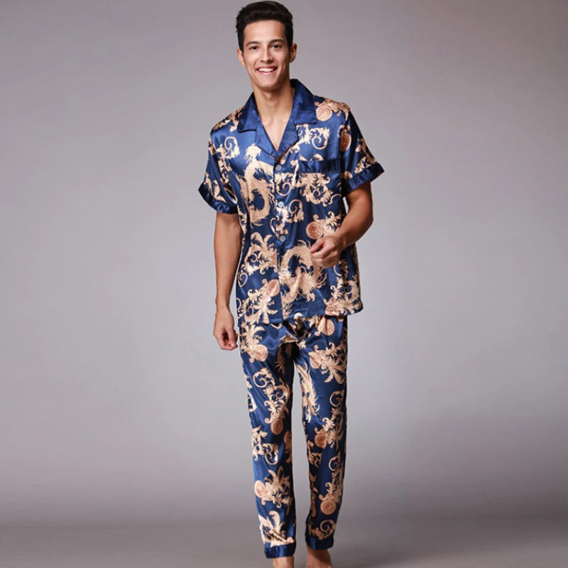 Short Sleeve Printed Satin Pyjamas - Summer Luxury Sleepwear