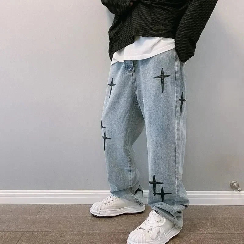Cross Embroidery Jeans - Statement Streetwear Denim