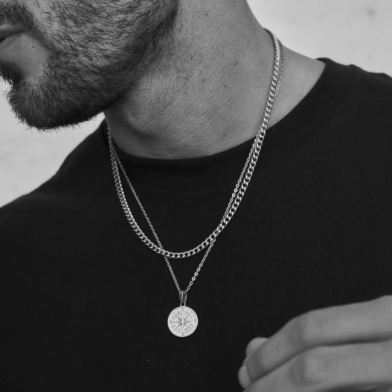 Premium Compass Pendant Necklace - Stainless Steel Link Chain